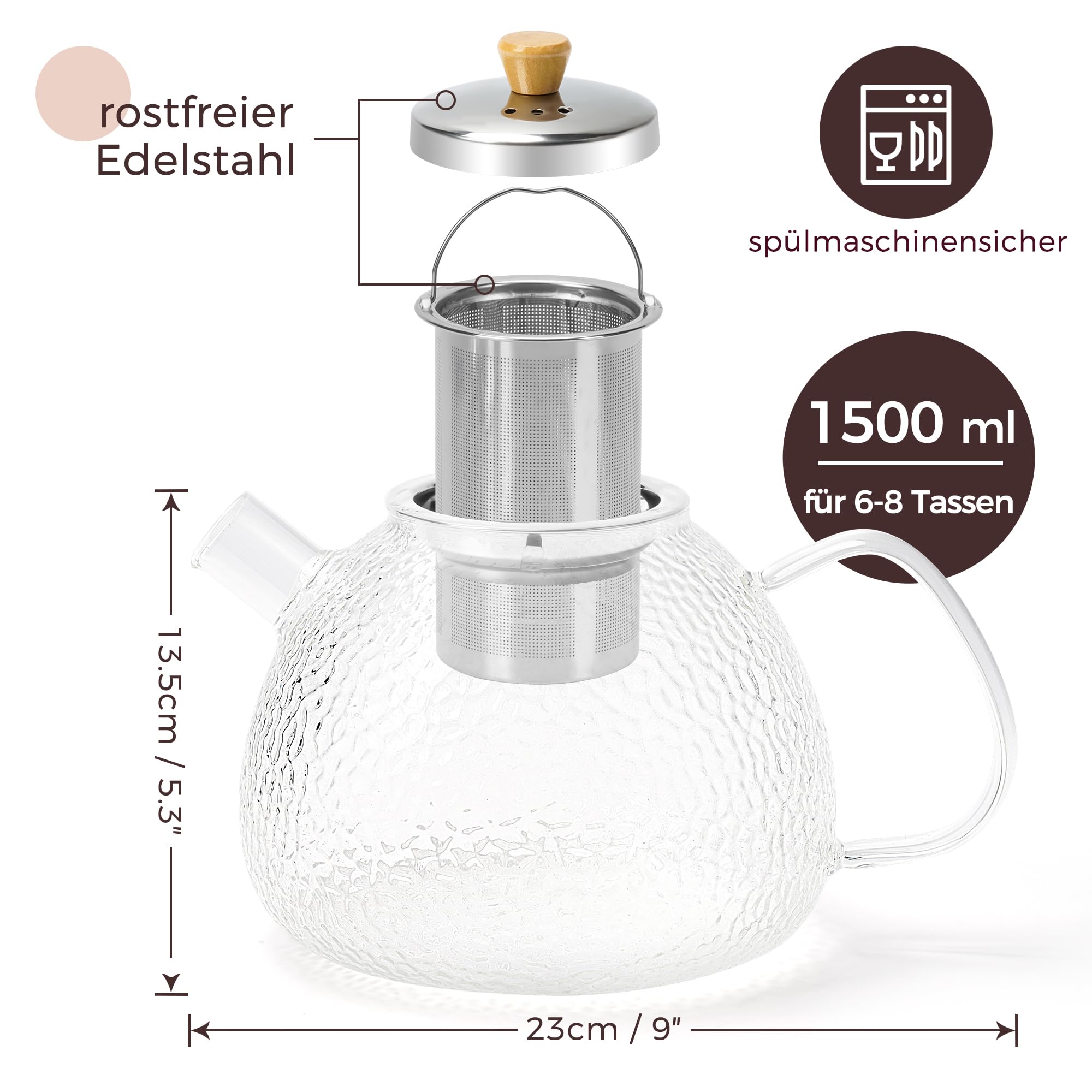 Glas Teekanne mit Siebeinsatz - 1,5 Liter - Erhöhte Glasstärke - Teekanne Glas - Teezubereiter für Losen Tee - robuster Teebereiter - Glaskanne Tee - Teegeschirr | Teezubehör