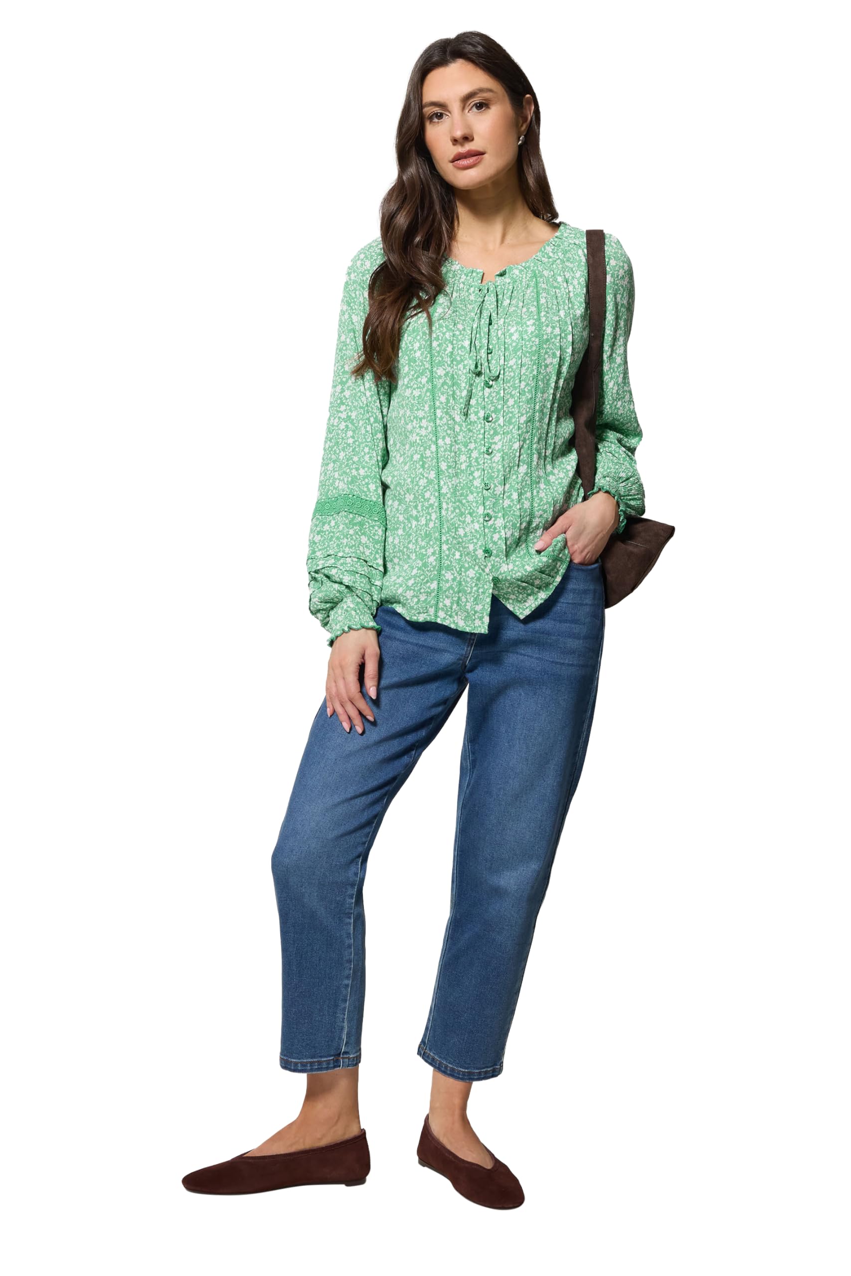 M&Co Women's Green Printed Trim Detail Tie Neck Blouse In Size 18