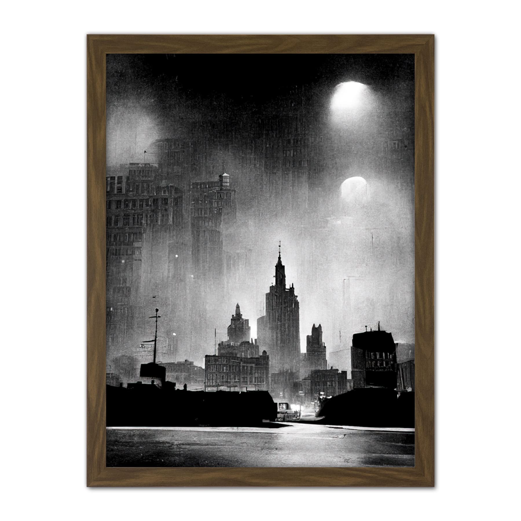 Doppelganger33 LTD 1950s Black And White New York Rainy Mist Cityscape Artwork Framed Wall Art Print 18X24 Inch