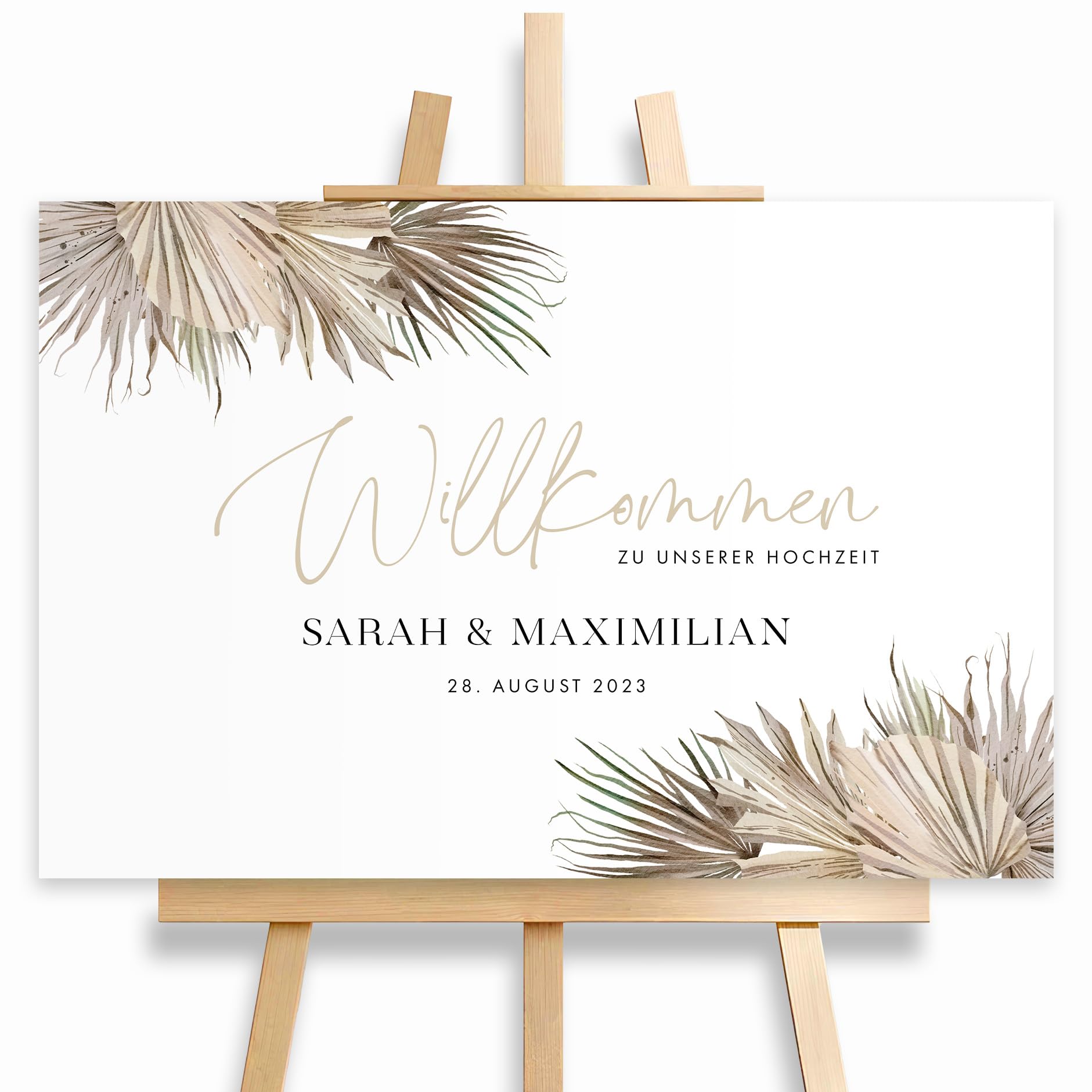HEI Print Willkommensschild Hochzeit Beige mit Datum und Namen, personalisierte Hochzeitsdeko, Boho Willkommen Schild, Braun, 60x40 (Leinwand)