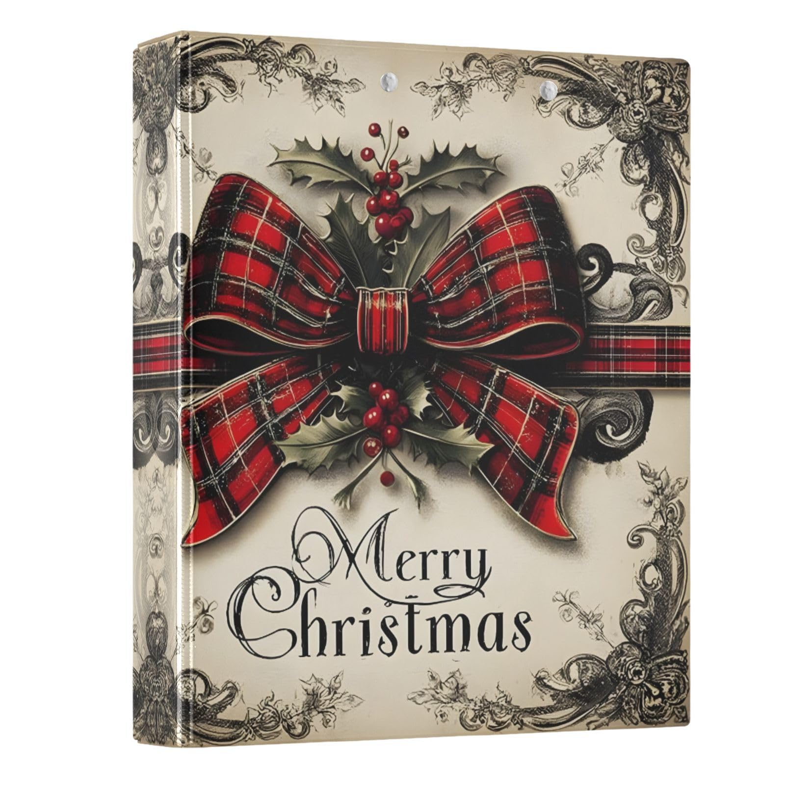 Vintage Merry Christmas Bow Buffalo Plaid 3 Ring Binder with 2 Interior Pockets
