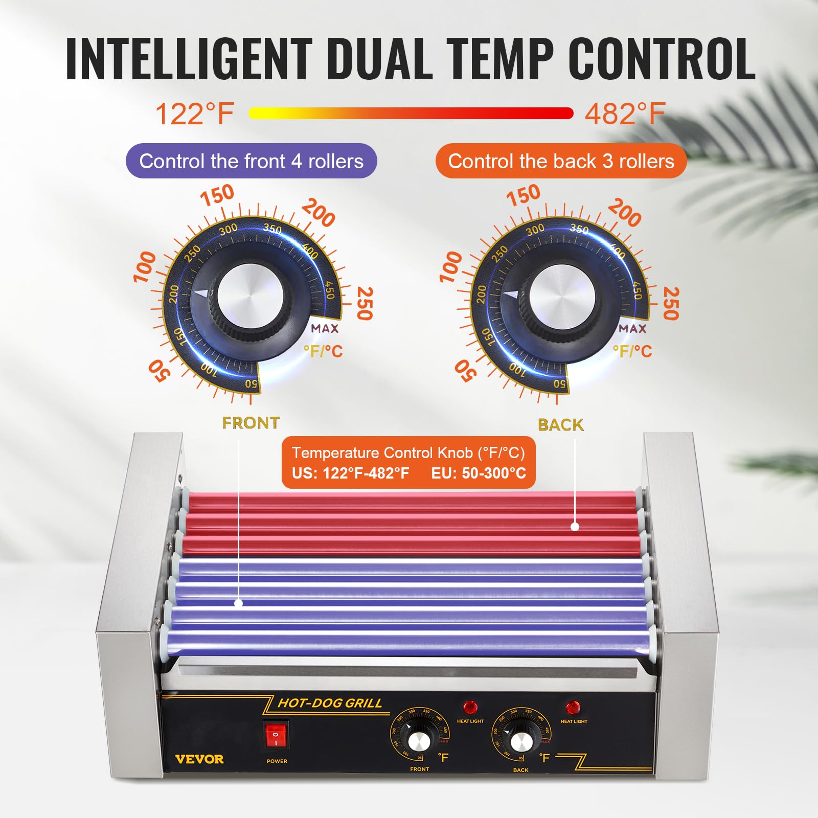 VEVOR Rullo per Hot Dog, 7 Rulli, Macchina Grigliare Salsicce in Acciaio Inossidabile con Doppio Controllo della Temperatura, 18 Hot Dog, 1,4KW con Coperchio, Ripiano Riscaldante per Panini Hot Dog