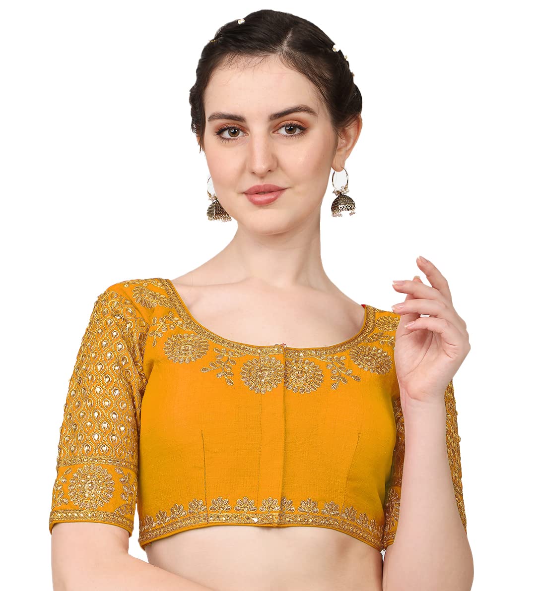 Pujia Mills Women's Phantom Silk Morpankh Half Sleeve Saree Blouse (Morpankh_Yellow_38 Size+Margin)
