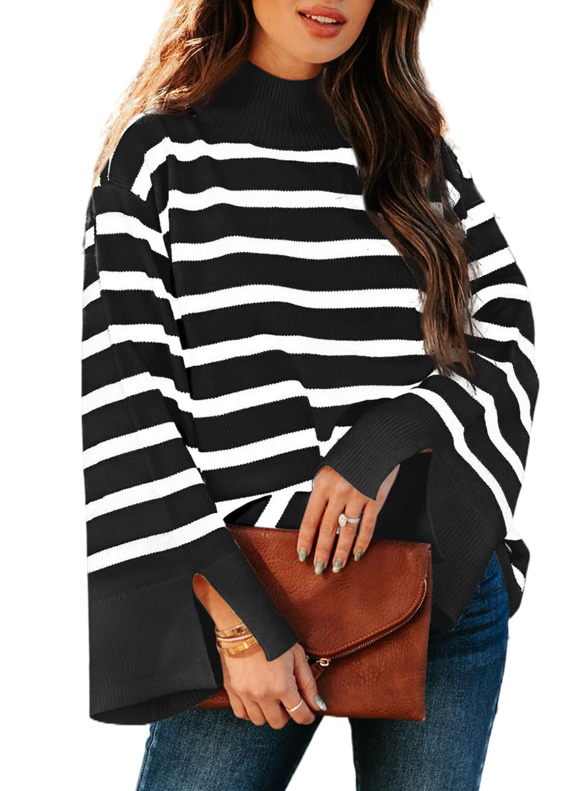 DokotooLadies Jumpers Long Sleeve Striped Color Block Mock Neck Side Slit Womens Jumper Loose Casual Tops Bell Sleeve Knit Pullover Sweaters UK S-2XL