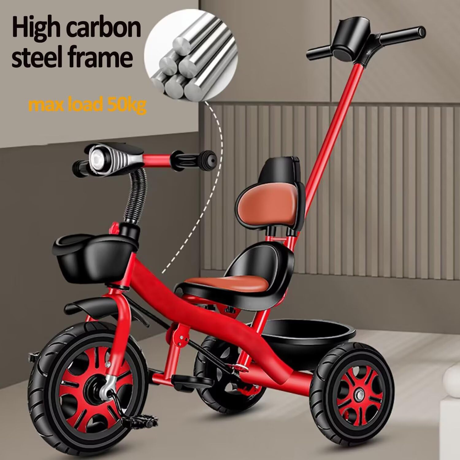 Parent Steering Stroller with Detachable Push Rod,Adjustable seat with Belt,3 Wheels Trike with Titanium Wheels,Push Trike with Front Light,Tricycle with Pedals,Foot Brak(Black-Titanium Wheel