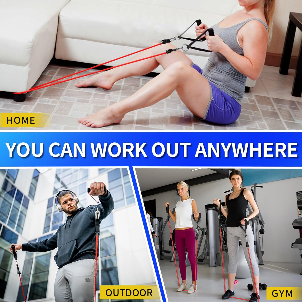 WHATAFIT Bandas de resistencia, juego de bandas de entrenamiento con asas, bandas de ejercicio de 100 libras para gimnasio en casa, incluye anclaje de puerta y correas de tobillo para entrenamiento de