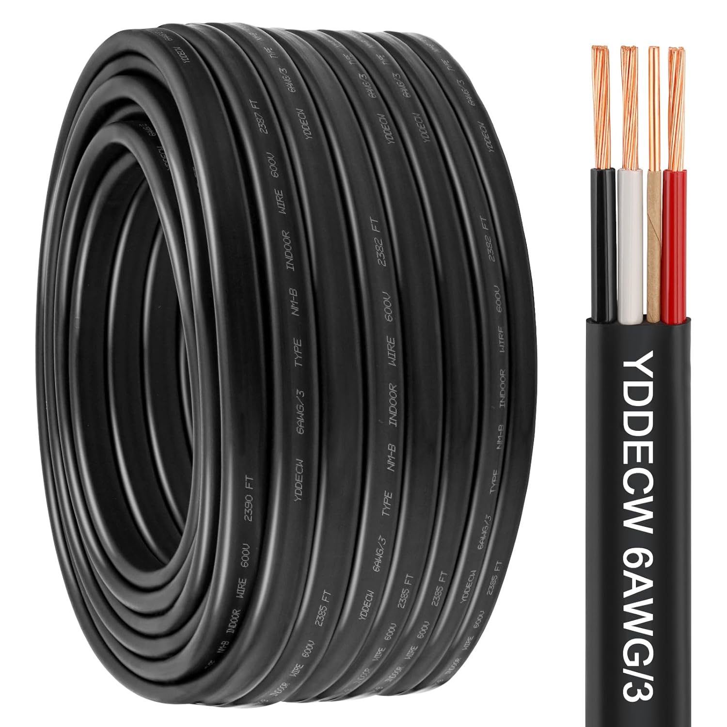 6/3 NM-B Wire with Ground - 100FT Non-Metallic Sheathed Cable 100% Pure Copper 6 AWG 3 Conductor Residential Indoor Wire for Outlets, Switches, Other Loads and Lighting Wiring Projects etc.