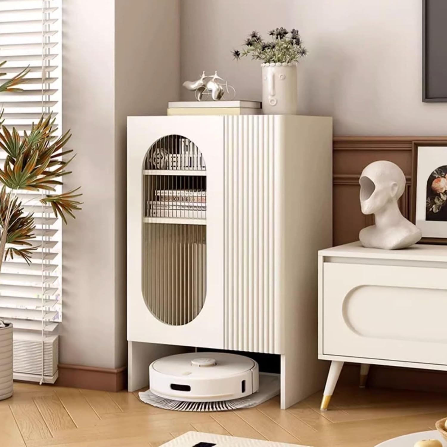 Mobile Vacuum Storage Cabinet with Adjustable Shelf, Hidden Organizer Side Table on Wheels for Living Room and Home Office