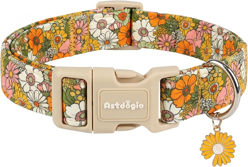 Coleira para Cães com Estampa Floral, Algodão e Fivela Ajustável Astdogio DC01, XS