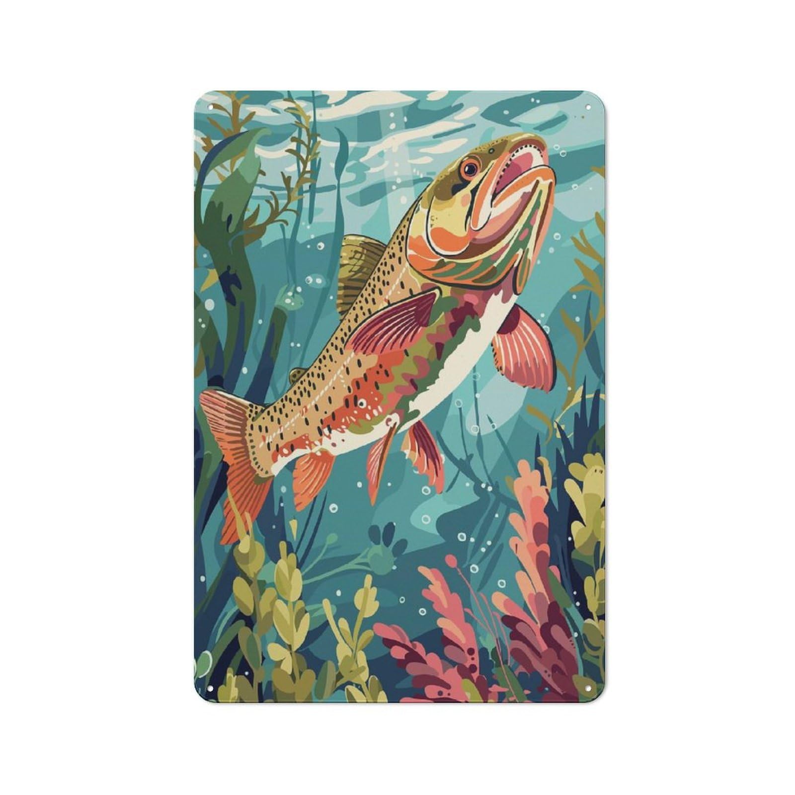 Junmoney Style-11 For Café Or Home Bar, Trout In Underwater World Retro Metal Plaque 30X20cm, A Winter Wall Decor Update For Café-Style Decor Fans