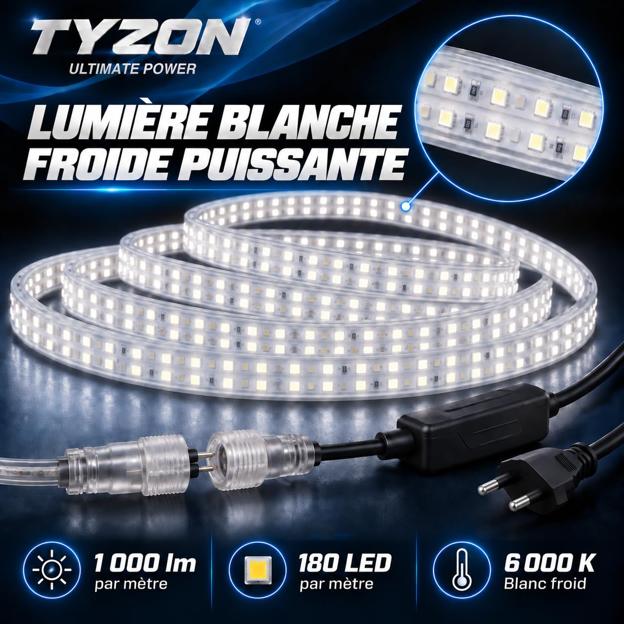 TYZON Ruban LED 15 m, 6000 K, 1000 lm/m, IP65, 230 V