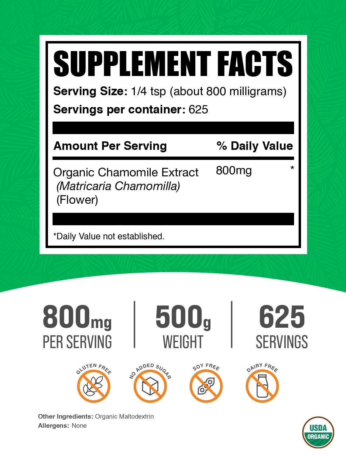 BulkSupplements.com Organic Chamomile Extract Powder - Herbal Supplement, Sourced from Chamomile Flowers - Vegan & Gluten Free, 800mg per Serving, 500g (1.1 lbs) (Pack of 1) — Amazon image 2