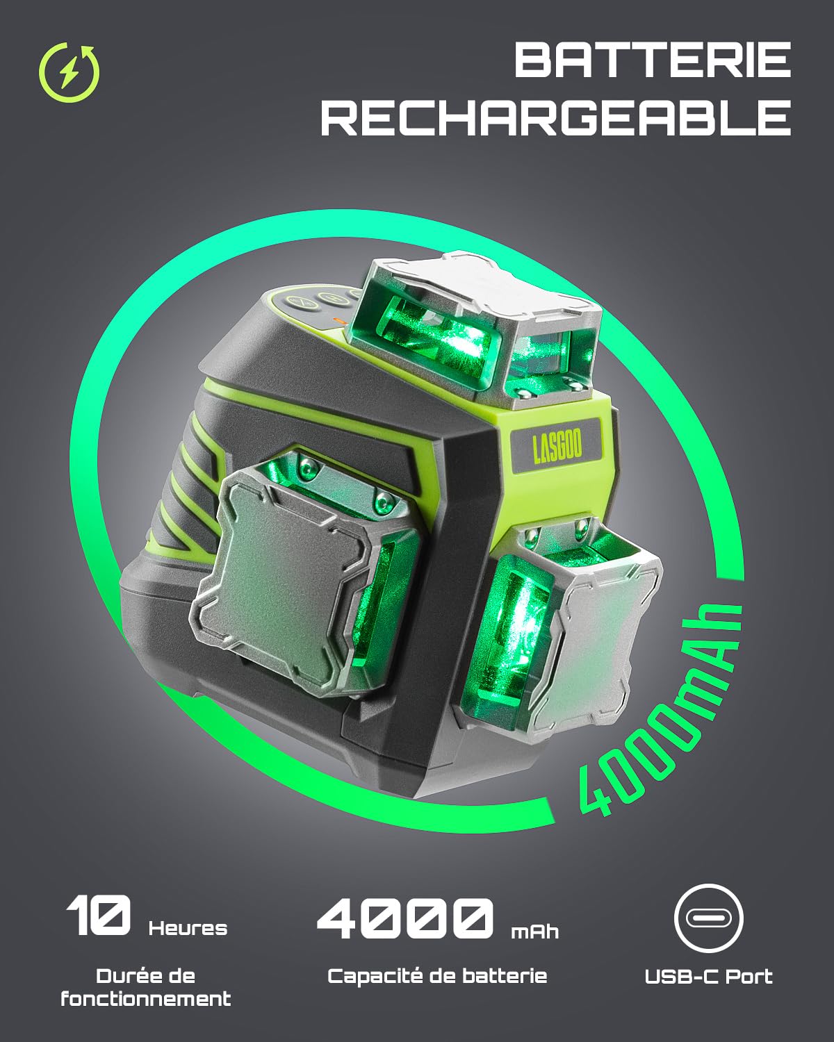 LasGoo Niveau Laser 3x360° Auto-nivelant, Laser à Lignes Croisées Vertes pour la Construction et l'Accrochage de Photos, Batterie Rechargeable, Télécommande, Support Rotatif Magnétique Inclus - LG-3Dx