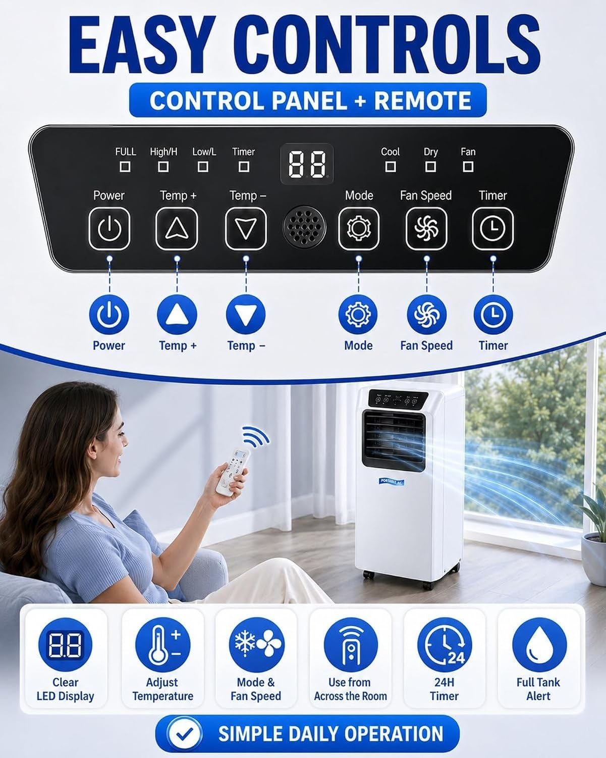 Condizionatore d'Aria Portatile 3-in-1 con deumidificatore e Ventilatore, 2 velocità, Non Supporta Controllo vocale, 9000BTU, 9000BTU