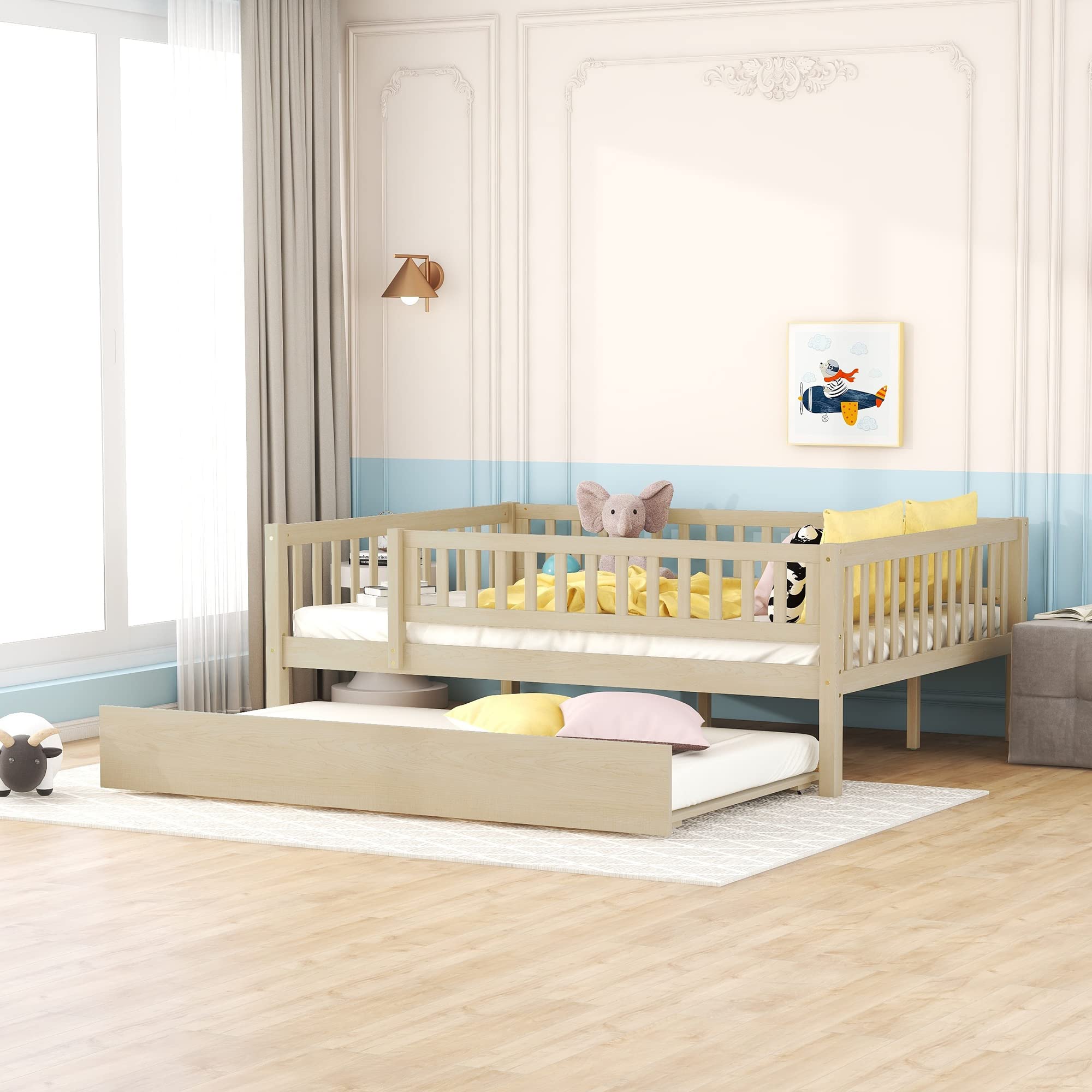 P PURLOVE Full Daybed with Trundle, Wood Daybed Frame with Fence Guardrails for Boys, Girls and Young Teens, No Box Spring Needed (Natural)