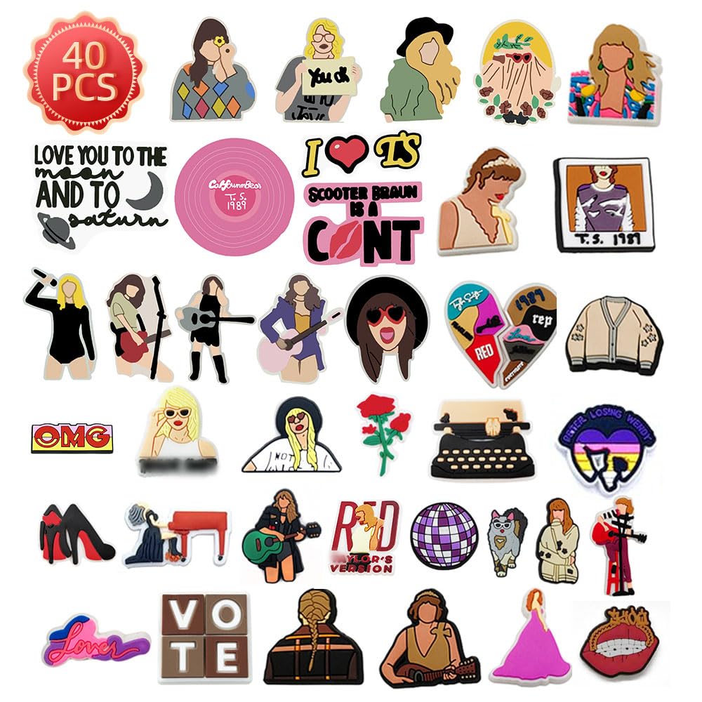 Yiizetony26Pcs Singer Shoe Charms, TS Merch Shoe Charms Decoration for Clog Shoes, Trendy Music Shoes Charms with 50Pcs TS Music Stickers for Teens Girls Women Party Gifts