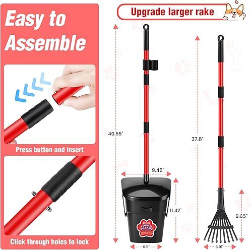 Miniatura 3 de Cubo giratorio y rastrillo para excrementos de perro con 60 bolsas de residuos, recogedor de excrementos de perro de alta resistencia para perros