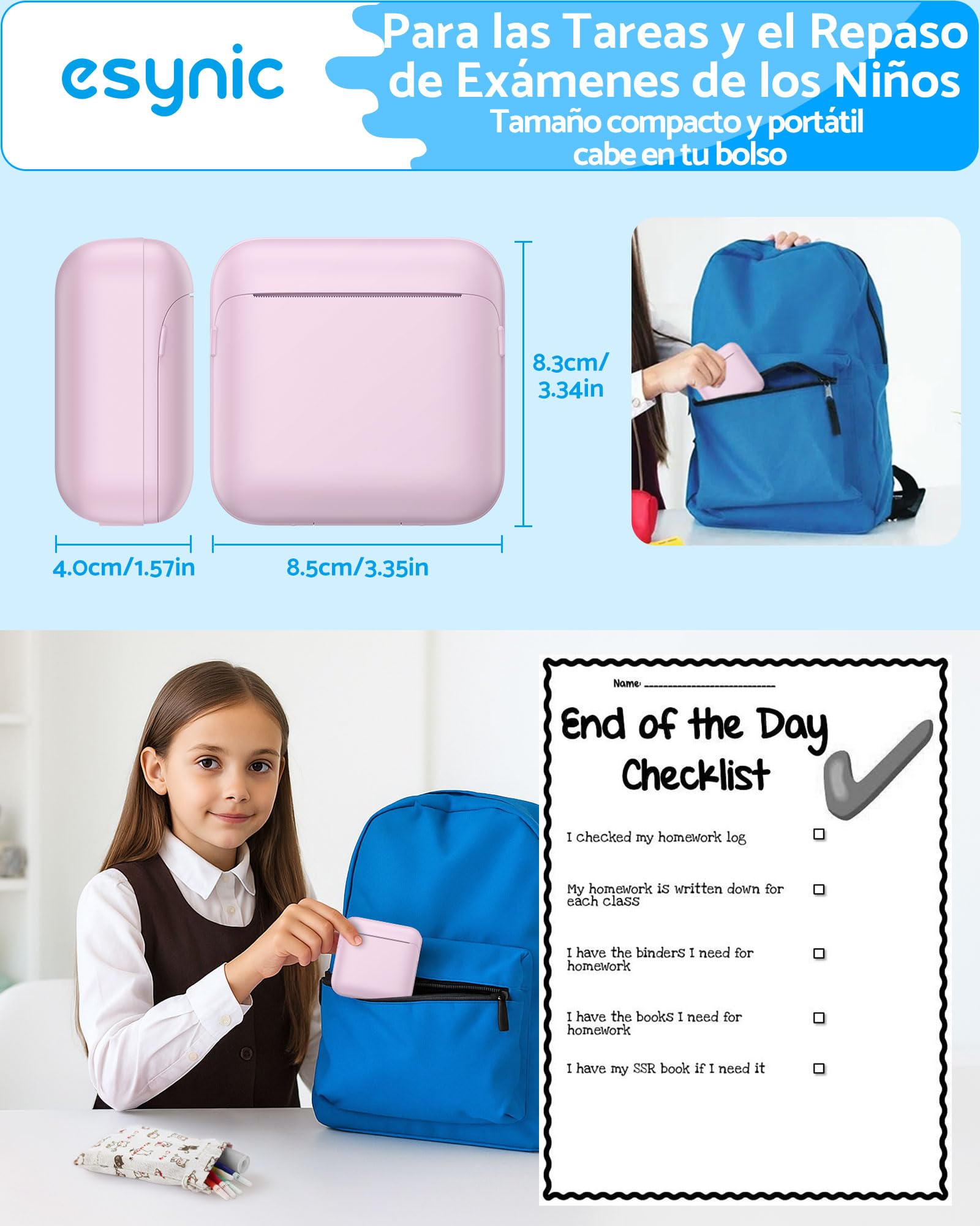 eSynic Mini Impresora Térmica Portátil Sin Tinta Impresora Compacta Bluetooth para Fotos Texto y Stickers Impresión Rápida en Casa y Oficina Compatible Android e iOS Incluye Papel y Accesorios-Rosa