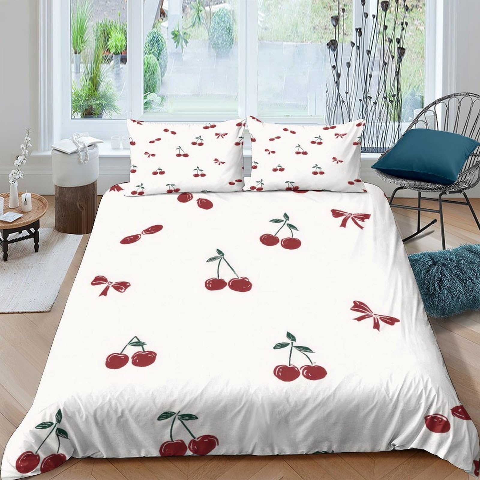 TUFRTGYHN 3D Printed Cherry Pattern Duvet Cover Microfiber Soft Breathable Bow Bedding Set with 2 Pillowcases for Bedroom Decor Single（135x200cm）