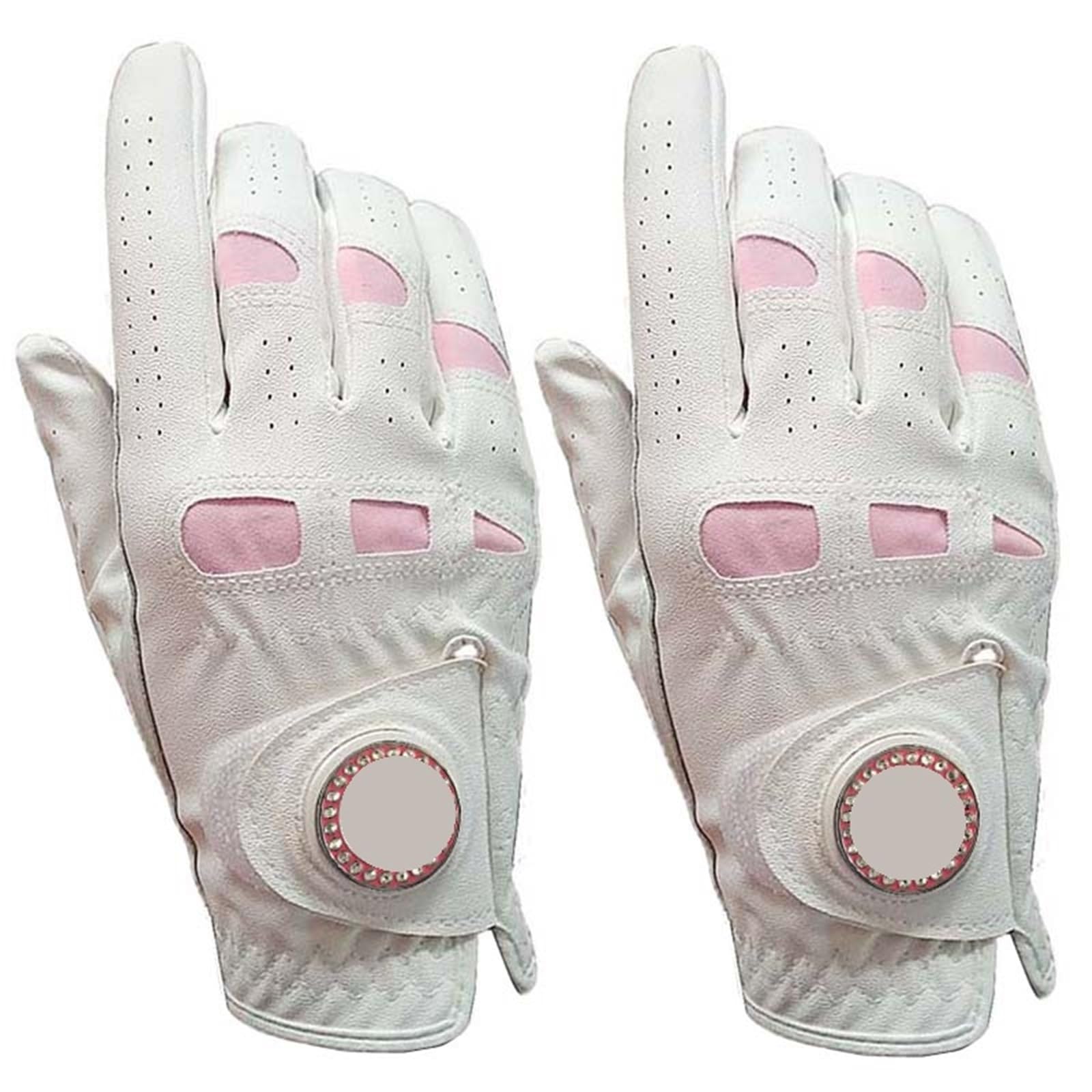 Golfhandschuh 2 Stücke/1 Paar Leder Golf Handschuhe Frauen Mit Bling Ball Marker Extra Grip Links Rechts Hand Rosa Fit Damen Mädchen Golfer