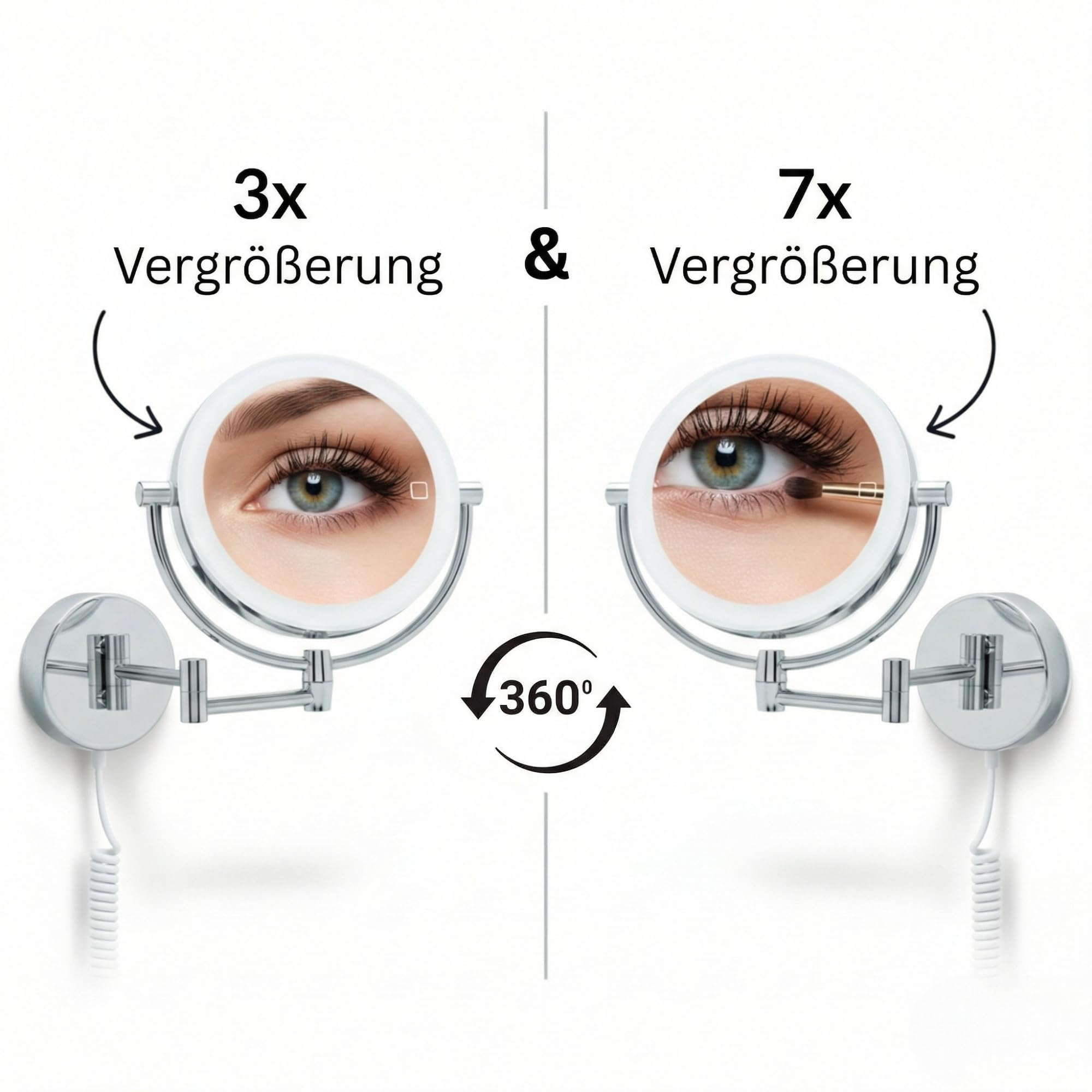 LED Kosmetikspiegel Modena – 360° Wand-Schminkspiegel mit Dimmer, Tageslicht-LEDs & 3x/7x Vergrößerung für perfektes Make-up