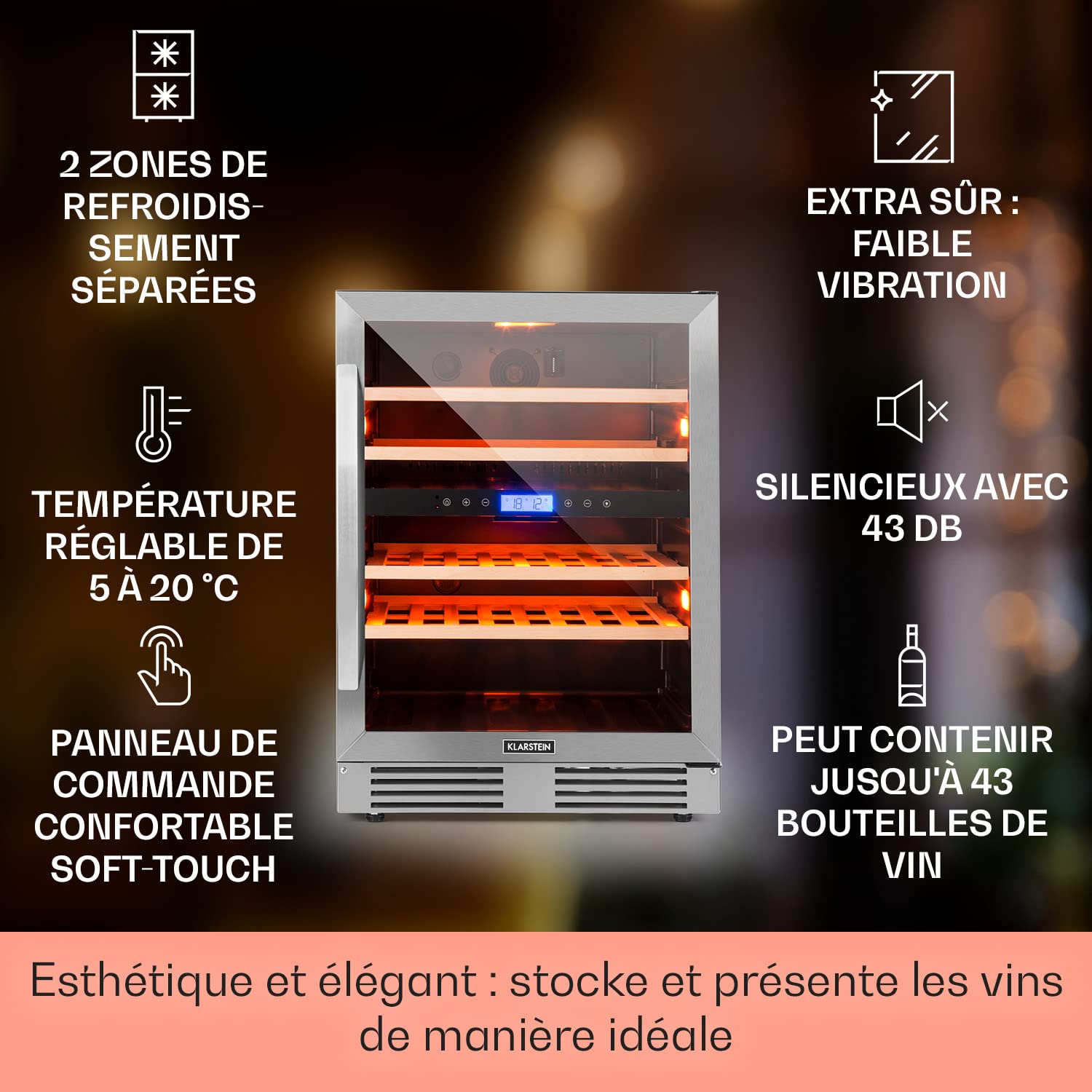KLARSTEIN Cave à Vin Encastrable 129L Double Zone 43 Bouteilles Porte en Verre