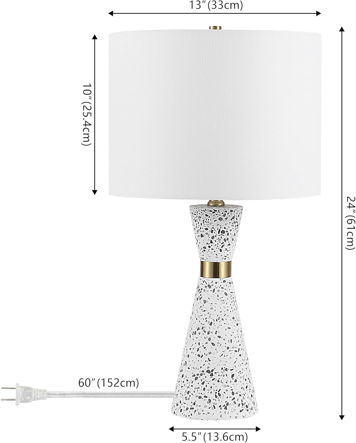 JONATHAN Y 24" White/Gray Terrazzo LED Table Lamp, Art Deco Hourglass Sculptural Iron Lamp with Brass Gold Accents, White Linen Drum Shade for Bedroom, LED Bulb Included JYL8030A