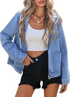 Kedera Women's Zip-Up Hoodie Denim Jacket: Long Sleeve Drawstring Boyfriend Jean Coat for Casual Style