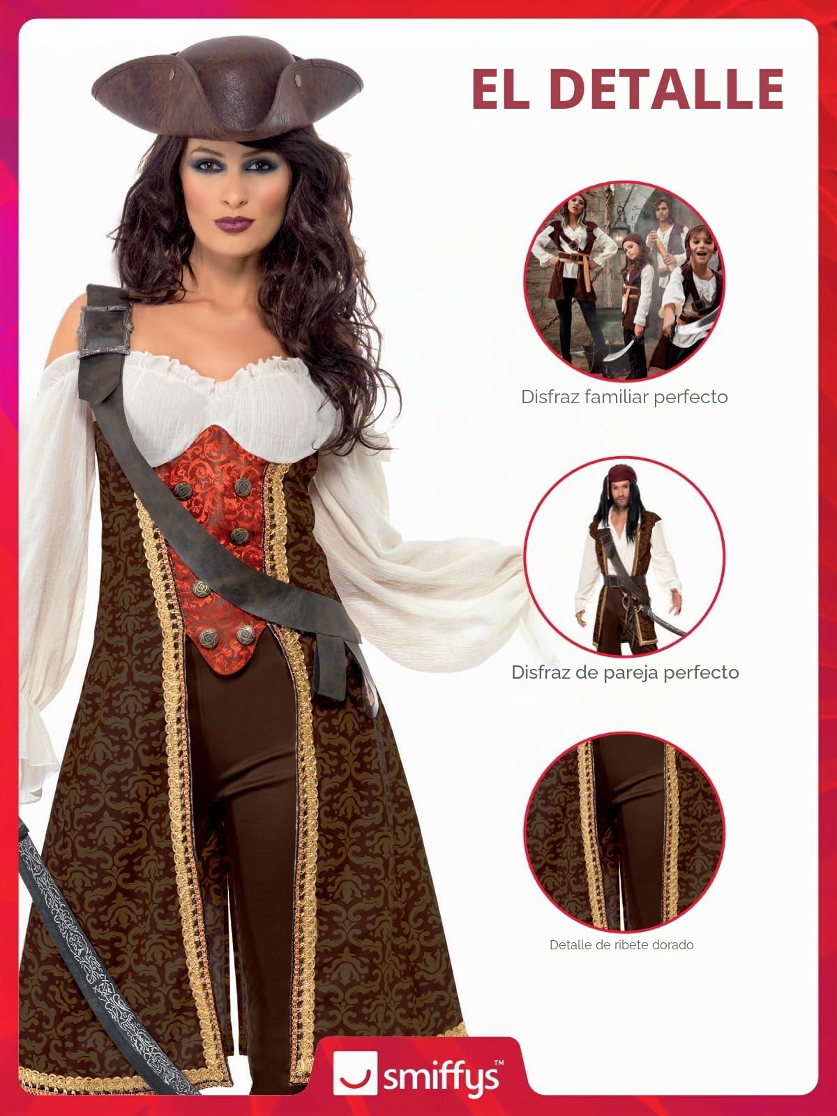 Smiffys Disfraz de pirata marrón/rojo para mujer, Carnaval/Carnaval