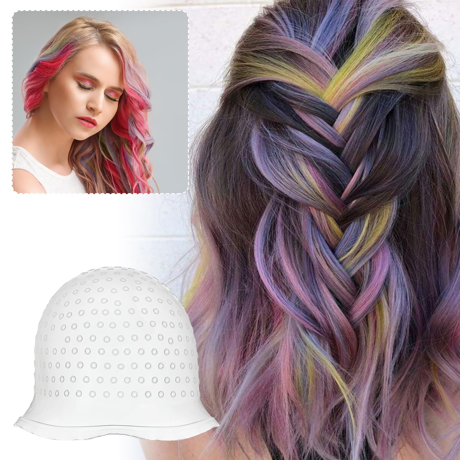 Cuffia per Meches,Cuffie per Meches Silicone Riutilizzabile con Ago a Gancio,Cappucci in Silicone per Tinture per Capelli Strumenti per la Colorazione dei Capelli Accessori per Salone e Casa(Bianco)