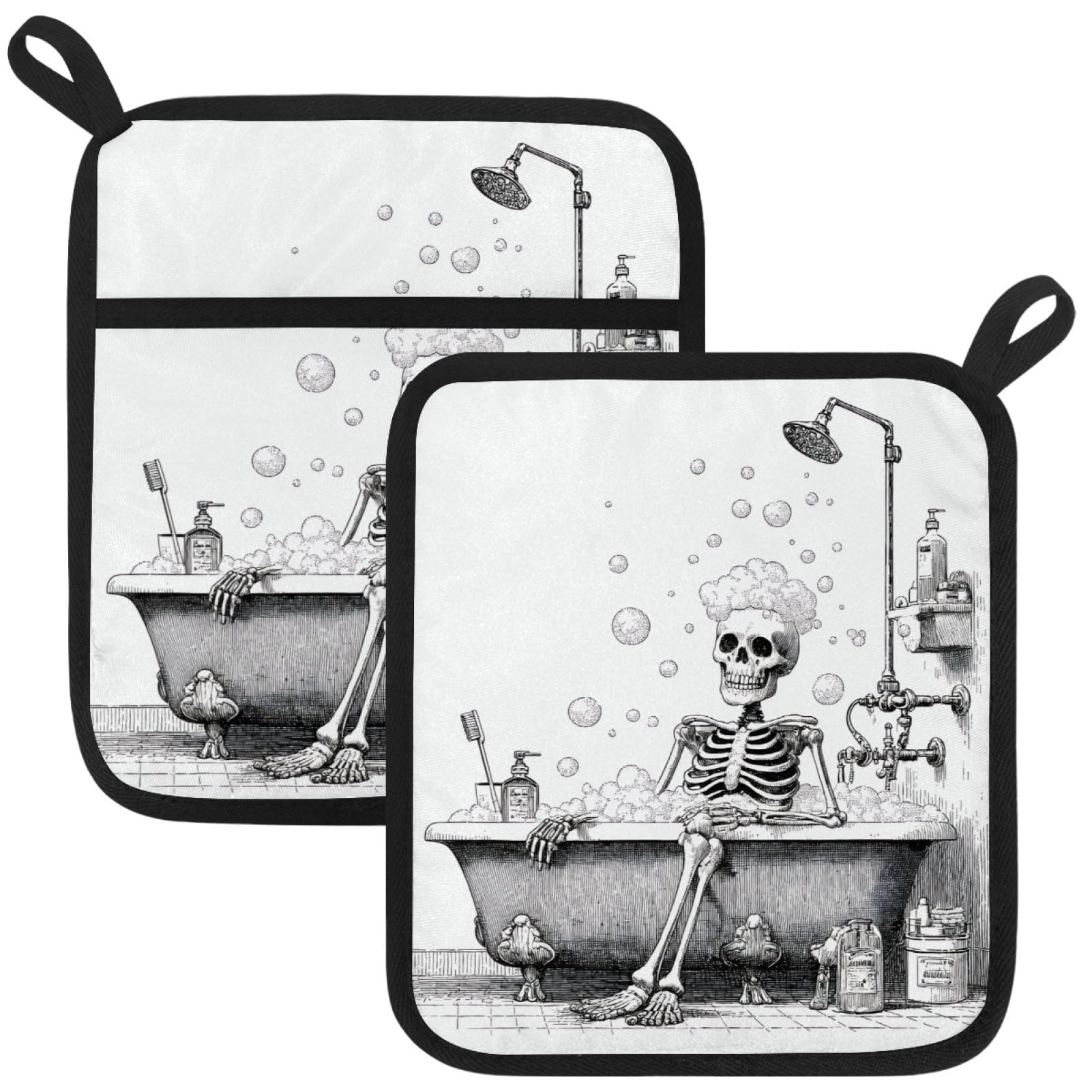 VAPOKF Bathing Skeleton Pot Holders with Pocket for Kitchen Heat Resistant Potholders Large Polyester-Cotton Square Oven Mitts Set