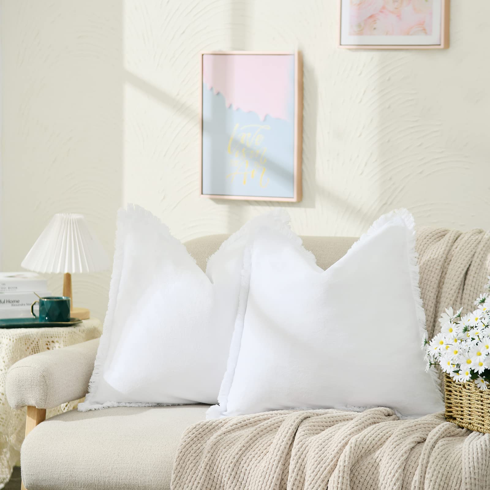 ZWJD Pillow Covers 18x18 Set of 2 White Throw Pillow Covers with Fringe Chic Cotton Decorative Pillows Square Cushion Covers for Sofa Couch Bed Living Room Farmhouse Boho Decor