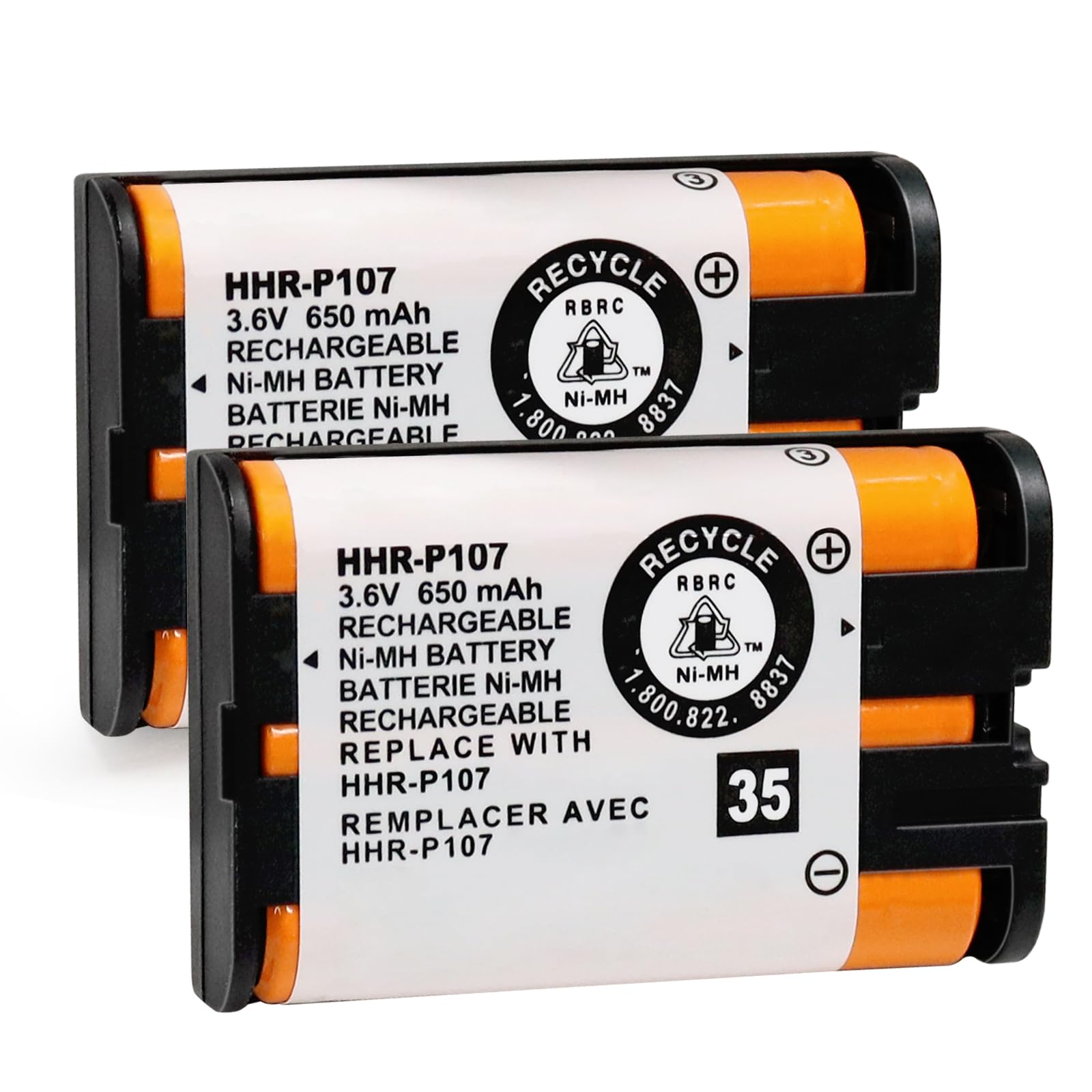 2PACK HHR-P107 NI-MH Rechargeable Battery 3.6V 650mAh Replacement Batteries for Panasonic Cordless Phone