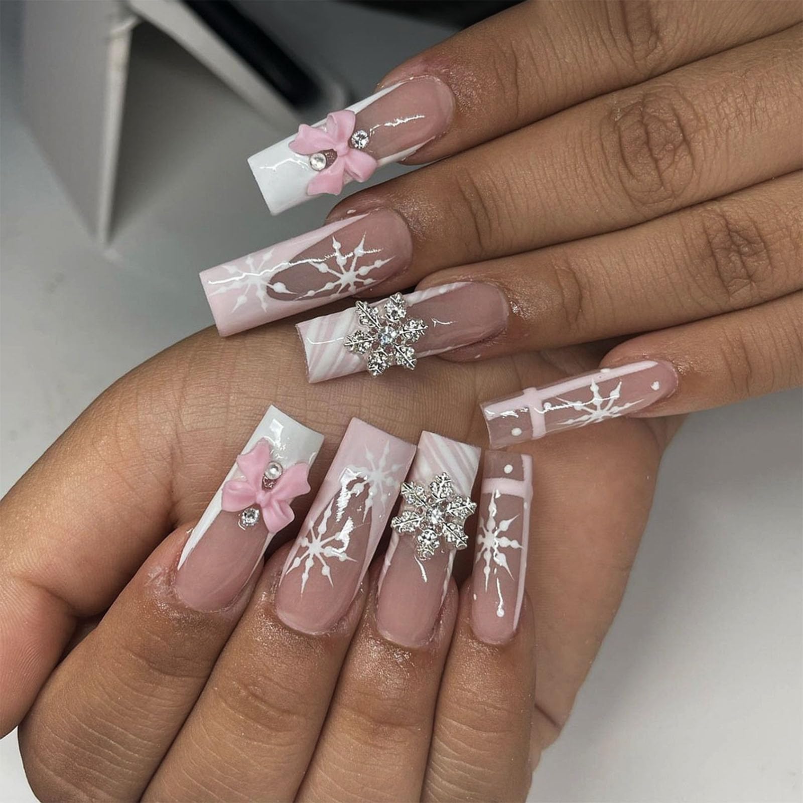 IMRAIN Christmas Press-on Nails - White French Square Fake Nails, Full Coverage, Snowflakes Charms, 24Pcs Glossy Glue-on Kit