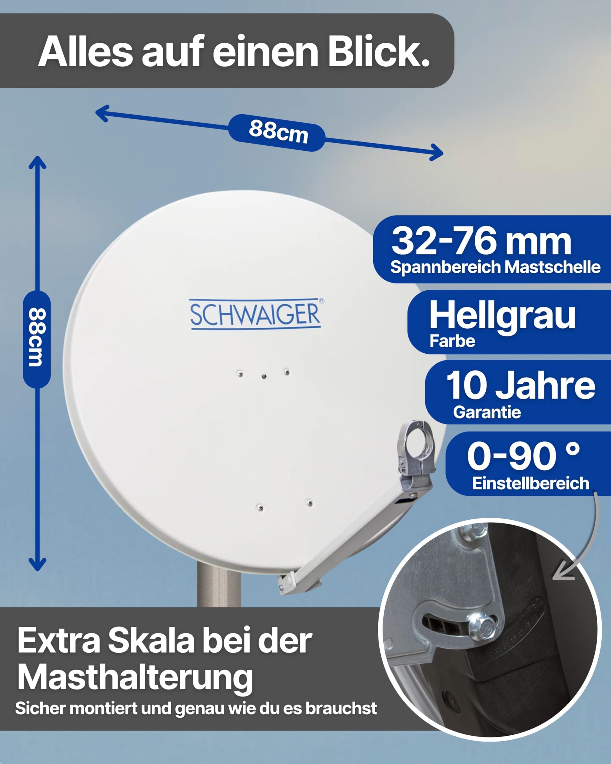 SCHWAIGER Satellitenschüssel I Ø 90 cm Aluminium Offset Antenne in hellgrau I Multifeed geeignet & wetterfest I SAT Schüssel mit LNB Tragarm & Masthalterung I maximale Empfangsleistung 39,5dB