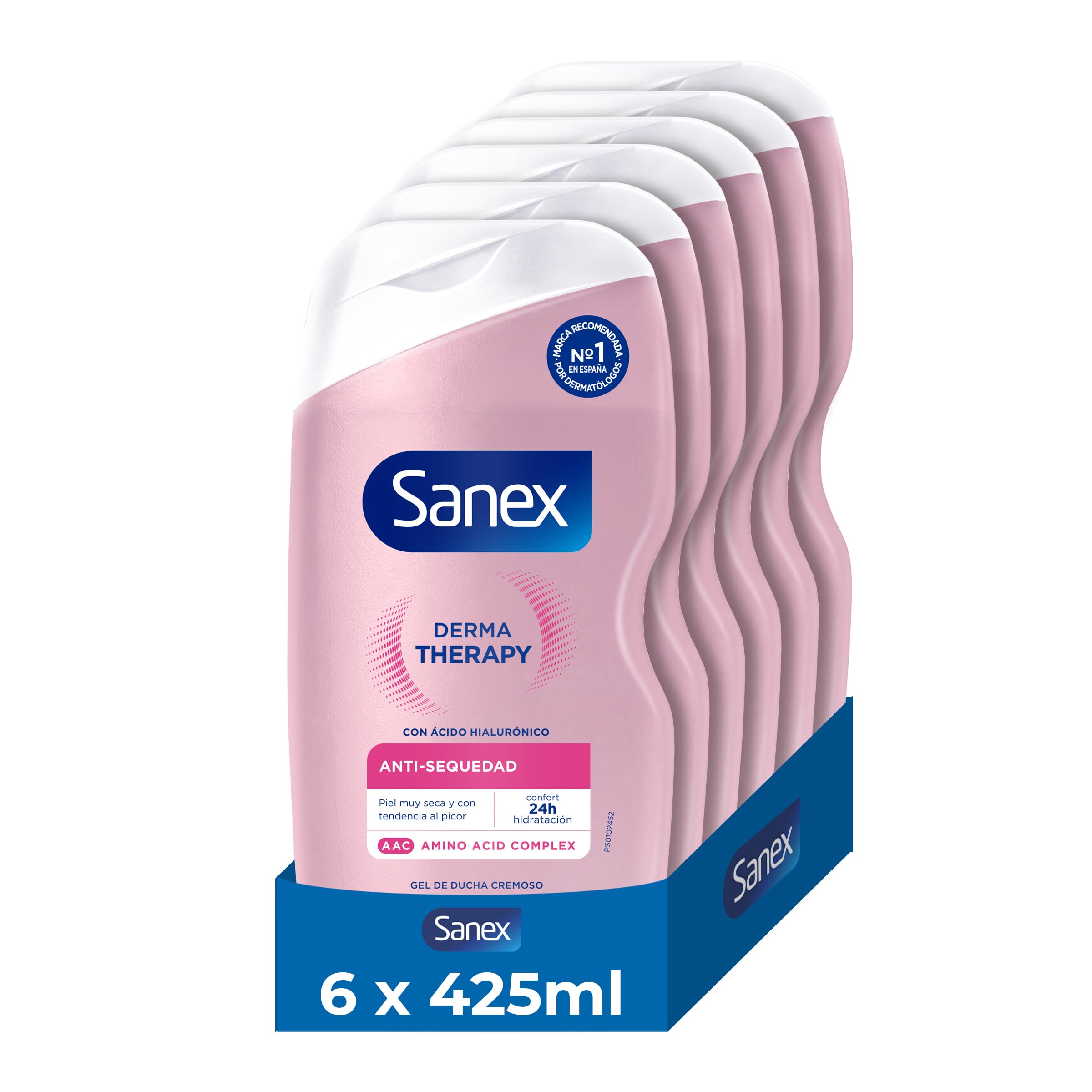 Sanex Derma Therapy Anti-Sequedad Gel de Ducha Cremoso, 6 x 425ml | gel de ducha para piel seca | alivia la sequedad y reduce el picor | complejo de aminoácidos con ácido hialurónico | 0% sulfatos**