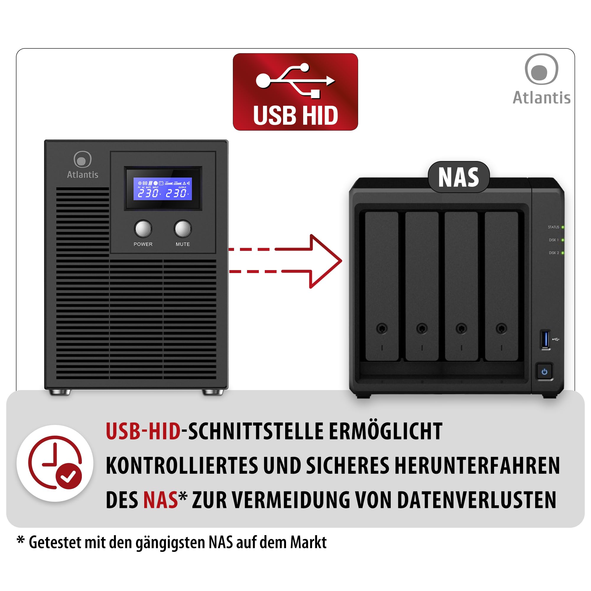 Atlantis A03-HP4003P Unterbrechungsfreie Sinuswelle 3000VA 2100W Line Interactive, LCD-Display, USB-HID-Anschluss, 6 IEC-Ausgänge, 4 12V-7Ah Akkus, RS232 serieller Port, SNMP-Slot, softwa