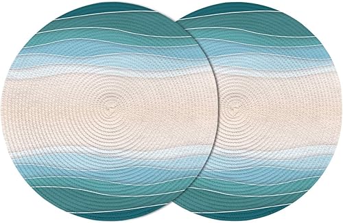 Paquete de 2 manteles individuales redondos trenzados para mesa de comedor, azul degradado océano playa, arte abstracto geométrico de 15 pulgadas,