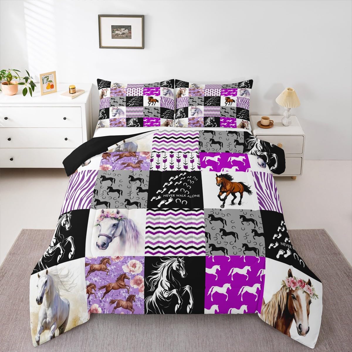 Horse Comforter Set Twin Western Cowgirl Farm Animal Bedding Set for Kids Girls Teens Women,Black White Zebra Stripe Grid Comforter Boho Arrow Rose