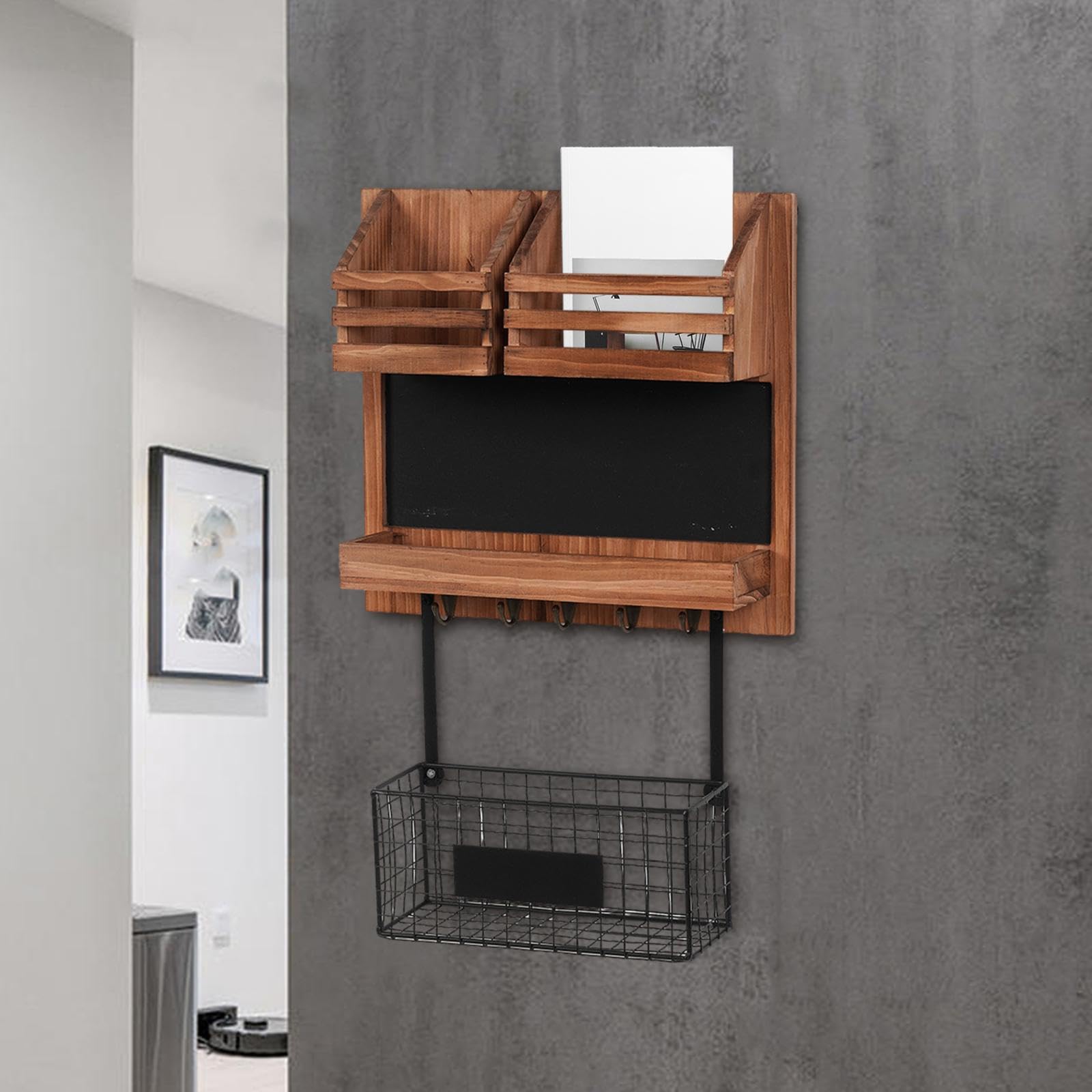 Wand Organizer Korb im Vintage Landhausstil für den Eingangsbereich | Schlüsselaufhängung. Platzsparende Lösung für Schlüssel, Akten etc. Briefablage mit Schlüsselhaken.