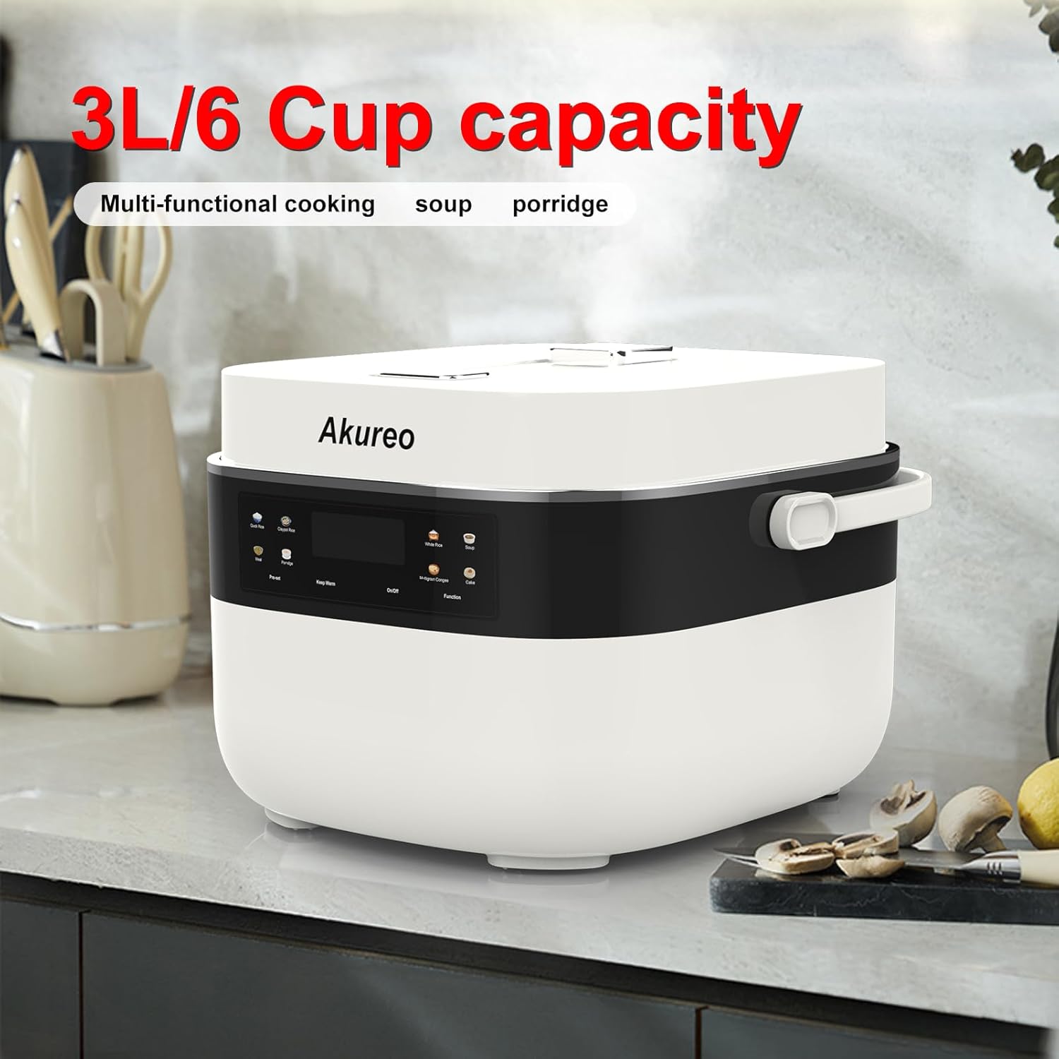 3L Smart Rice Cooker, 6-Cup Uncooked with Spherical Inner Pot & Non-stick Ceramic Coating, Fuzzy Logic Technology for Fluffy Rice, Multi-Functional Cooker for Soup, Congee & Steaming, White