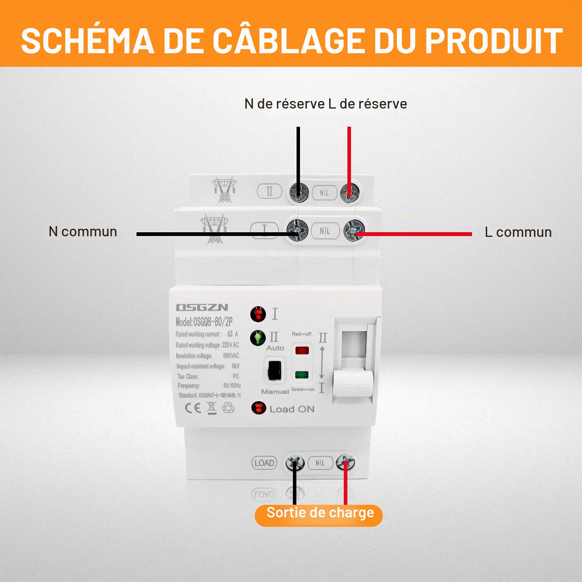 Commutateur de transfert automatique 2 pôles, rail DIN 2P 63 A ATS Dual Power Transfer Automatic Transfer Interrupteur sélecteur électrique 220 V, commutateur de courant de secours, interrupteur de