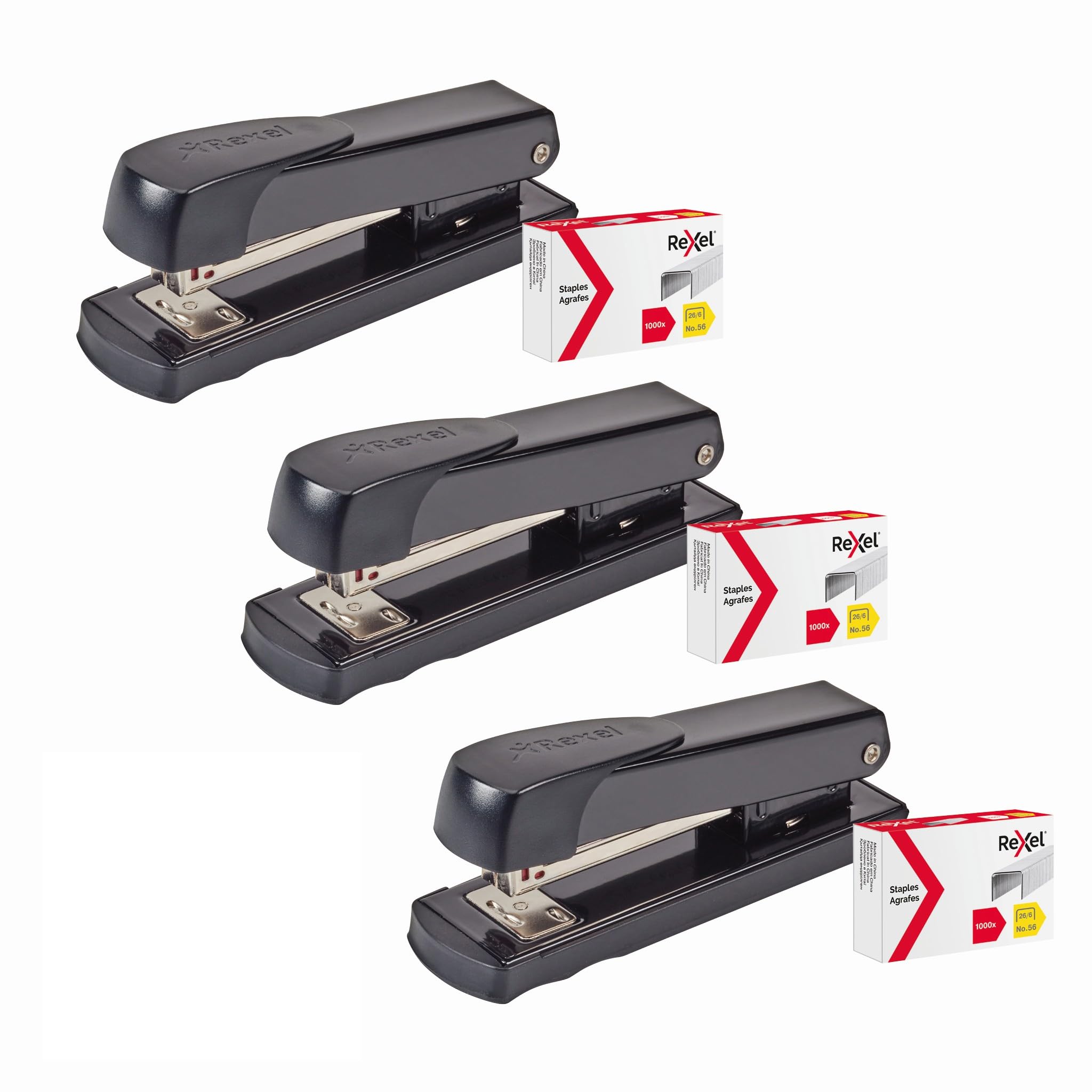 Rexel Meteor Half Strip Stapler with 1000 26/6 Staples (Pack of 3), 20 Sheet Capacity, Metal Desktop Stapler with Ergonomic Grip, Black (2115734)