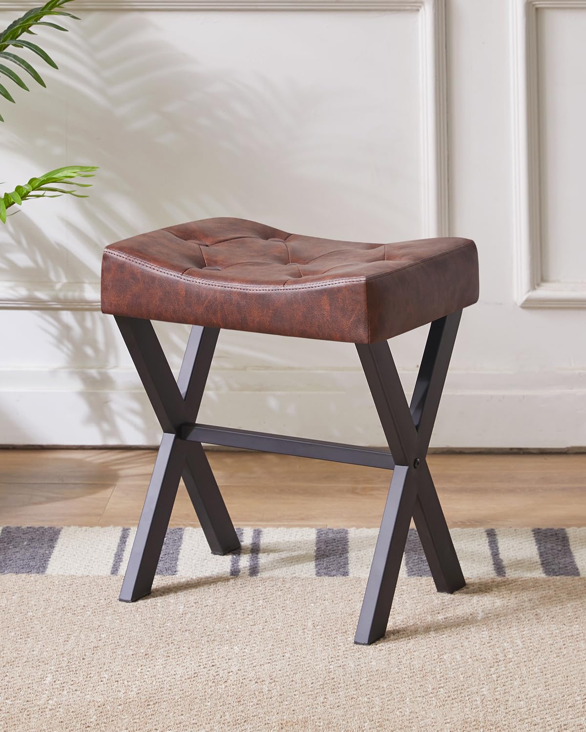 IBUYKE Tabouret de vanité PU, Chaise de Maquillage, Marron foncé WBD019Z | Square Ottoman Seat Footrest Multi-Use Petite Table latérale Chambre à coucher Salon