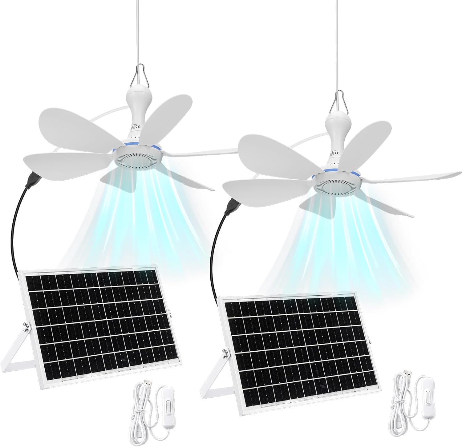 2 Set Solar Powered Ceiling Fan Kit for Outdoor,Portable 15W Solar Panel Powered USB Small Hanging Fan,Dual Charging Modes,for Chicken Coop, Tent,Greenhouse, Shed, Gazebo