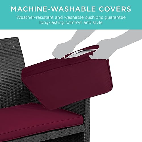 Miniatura 5 de Best Choice Products Juego de muebles de mimbre para patio de 4 piezas para patio trasero con mesa de café, cojines de asiento, negroborgoña profundo