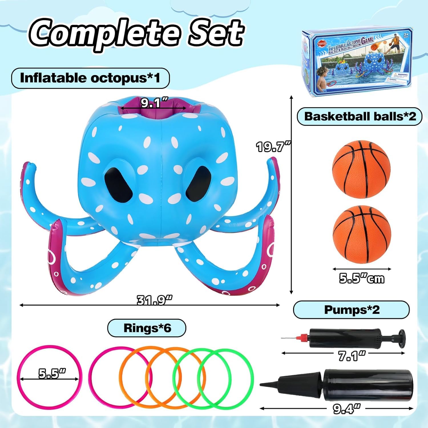 KAHEIGN 80CM Jouets de Piscine Gonflables en Forme de Pieuvre, 2 en 1 Panier de Basket Gonflable et Jeu de Lancer D'anneaux - Jeus Aquatique Gonflable Flottant pour Été Lac Plage Eau Jeu Fête Cadeau