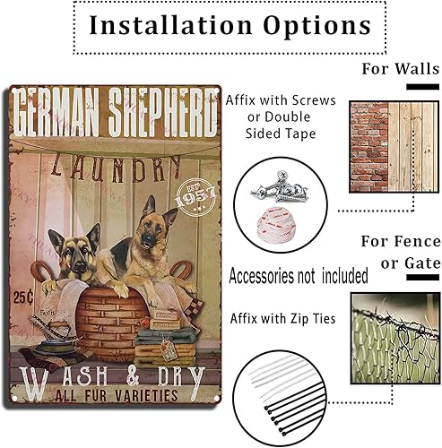 Miniatura 4 de Cartel de metal retro para decoración de pared, diseño de pastor alemán, lavandería lavar y secar todas las variedades de piel, restaurando el