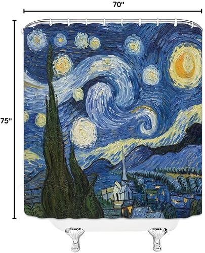 Miniatura 10 de Van Gogh - Cortina de ducha extra larga, pintura al óleo azul, arte abstracto, cielo azul, nubes blancas, estrellas, luna, paisaje, baño, decoración