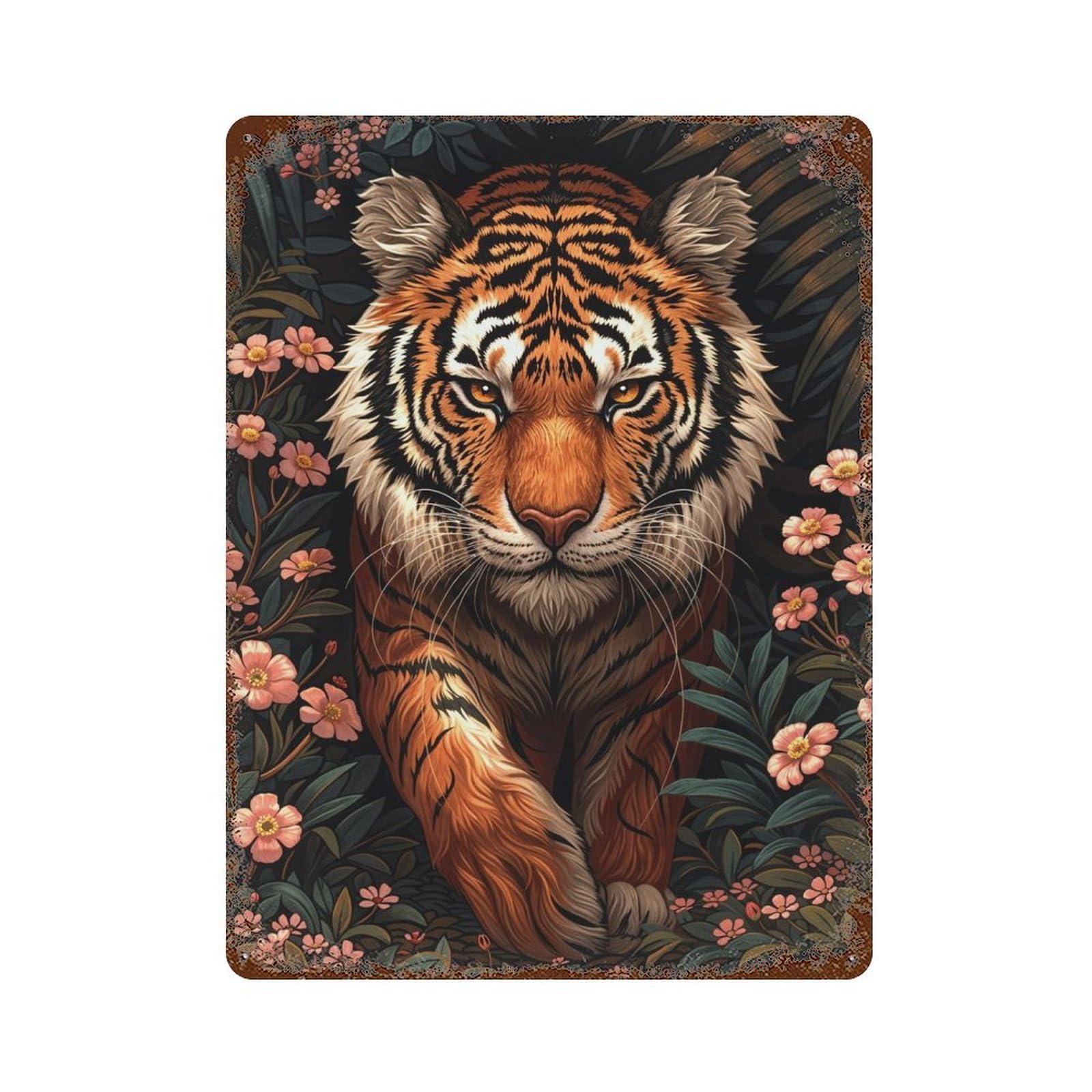 Tiger in Bloom 15.7"x11.8" Rust Effect Tin Sign, Rustic Home Decor for Office, Studio And Wall Decor